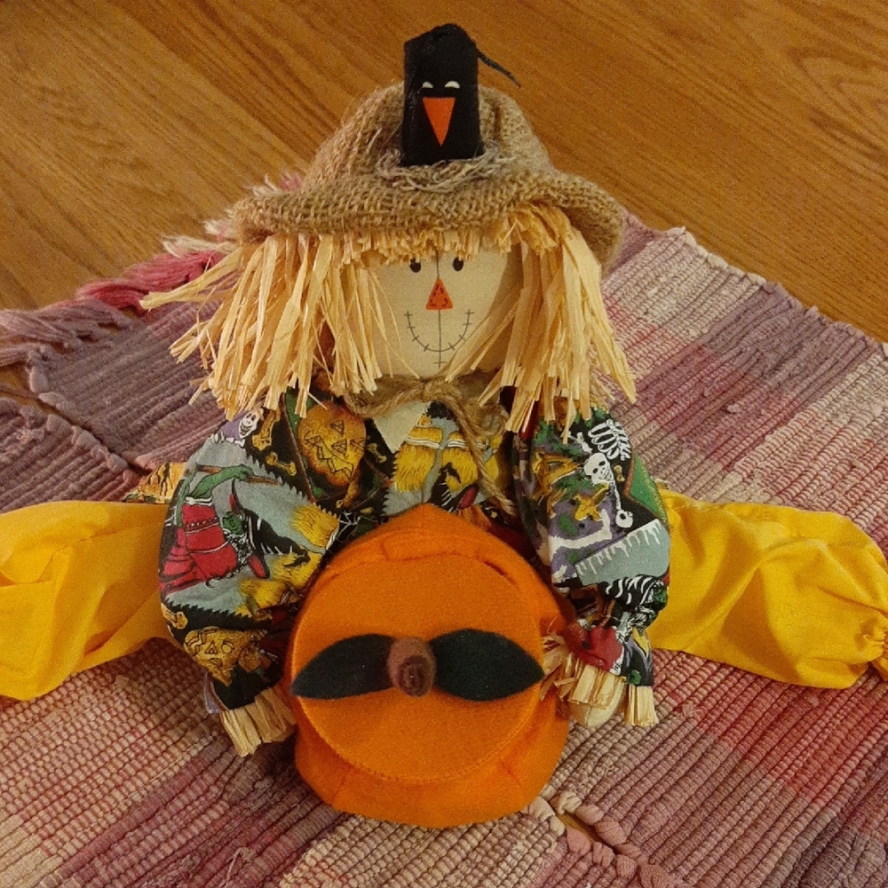 Avon Festive Scarecrow with Orange Pumpkin Candy Holder